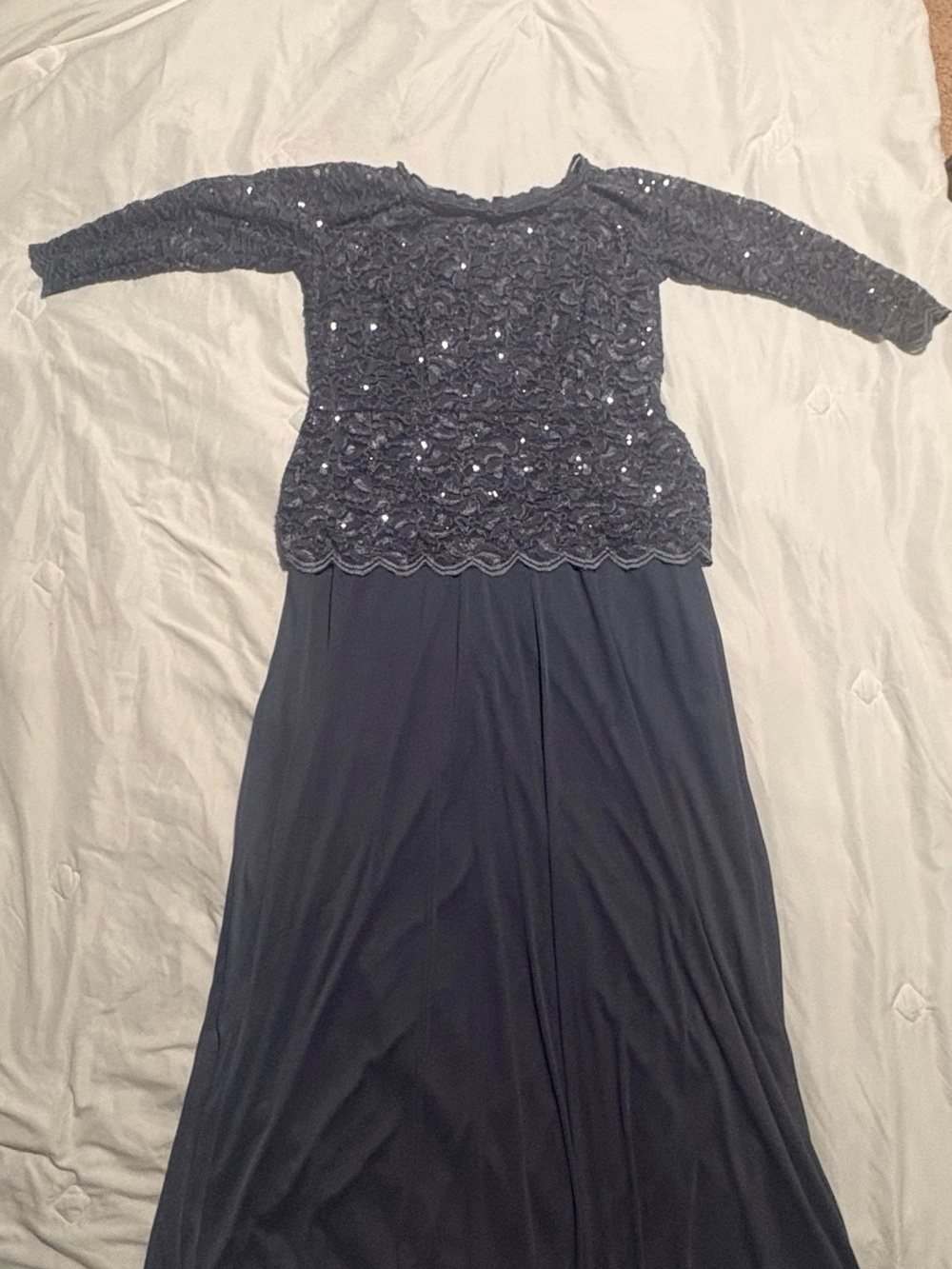 Onyx Nite Navy Sequin Lace Long Sleeve Evening Gown